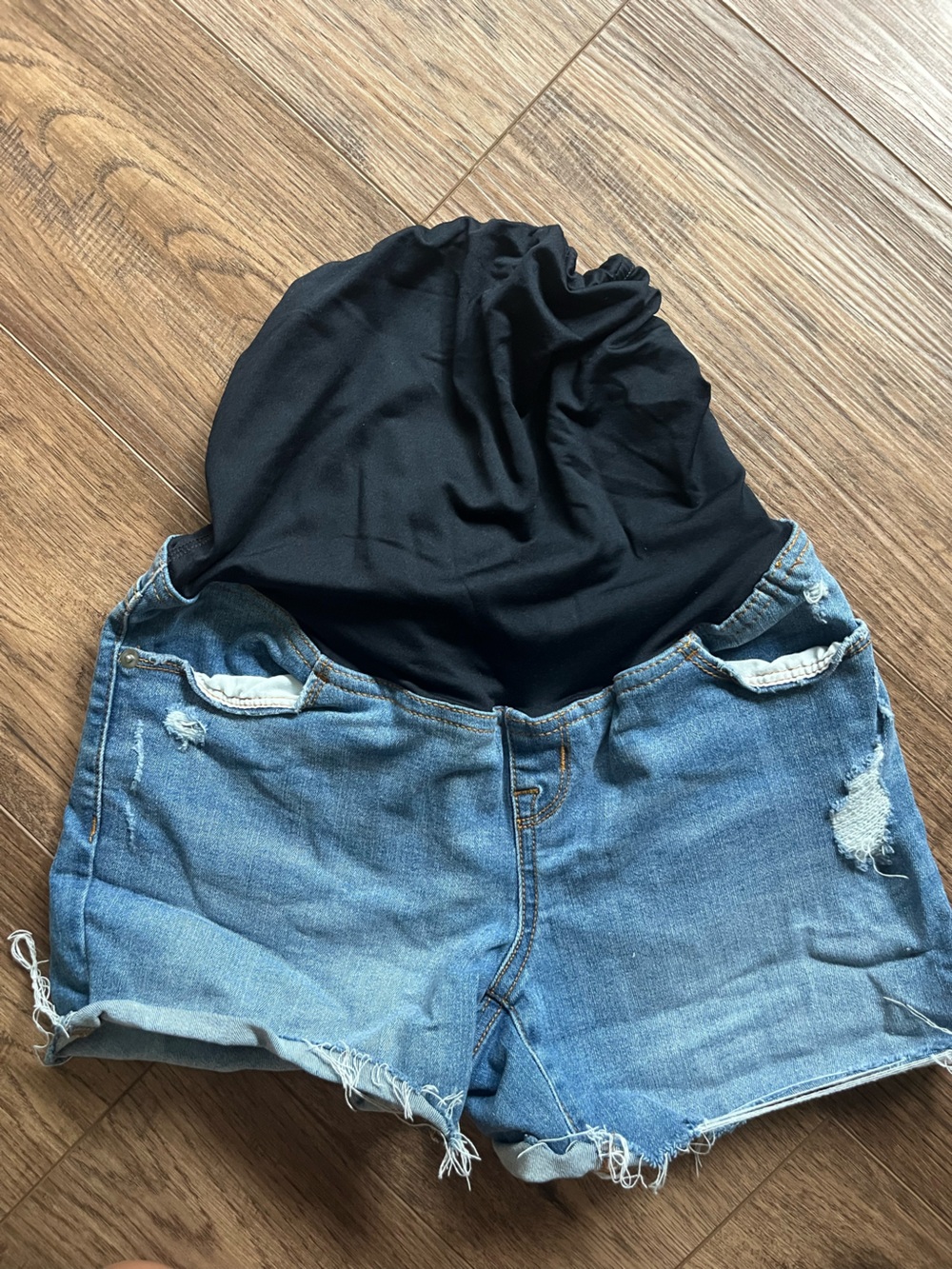 Isabel Maternity Light Blue Denim Relaxed Shorts with Black Waist Panel